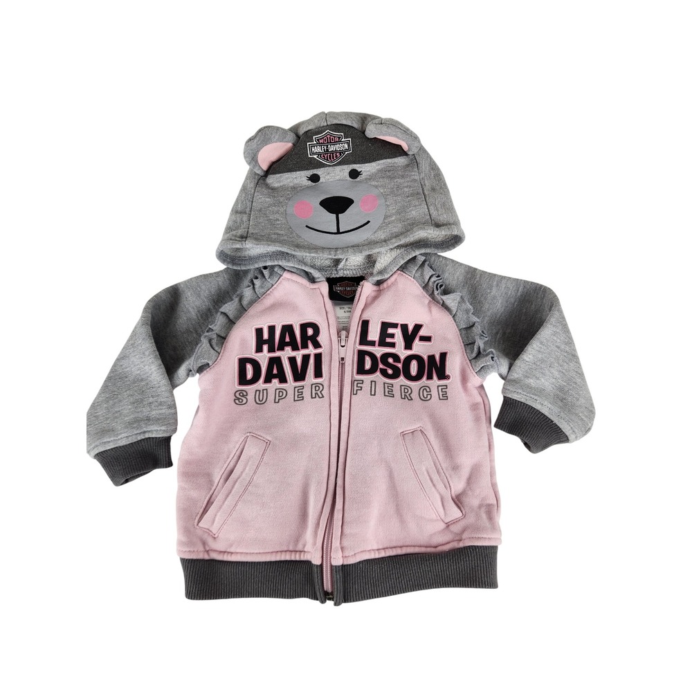 Harley Davidson Baby Jacket Girls 6-9M Pink Grey Bear Zip Hoodie Super Fierce